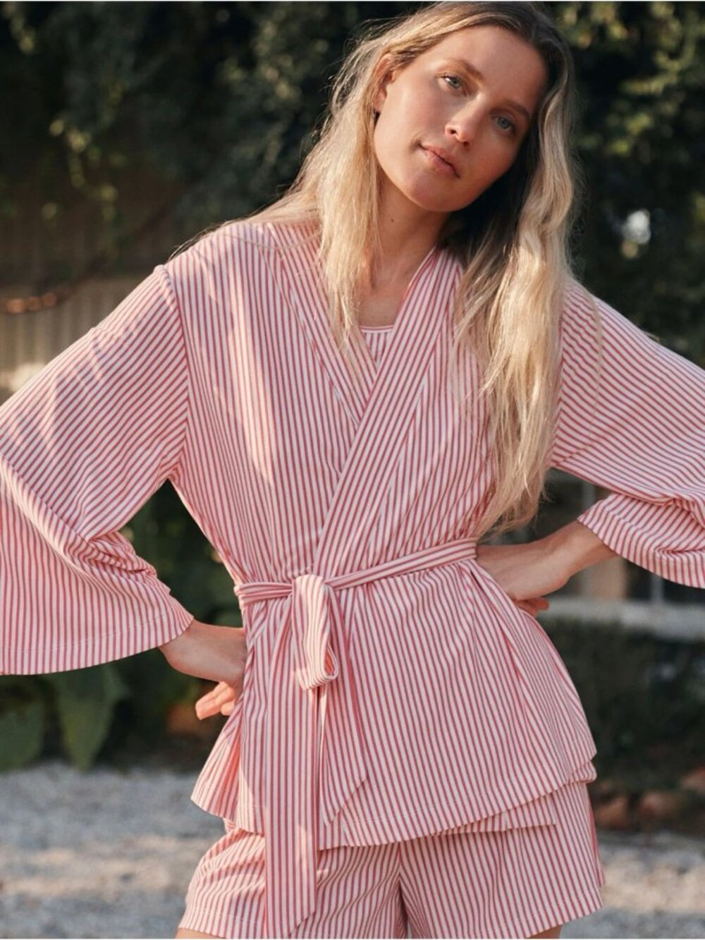 LAKE Pajamas DreamModal Kimono in red Pencil Stripe M - Picture 2 of 7